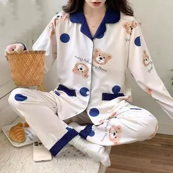 2025 весна-осень милый пижамный комплект с принтом мультяшного медведя, топ с длинными рукавами на пуговицах и брюки с эластичным поясом, женский комплект одежды для сна и отдыха M