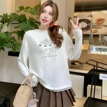 2025 весна осень мода кружево женские футболки белые графические принты футболка Harajuku повседневная свободная рубашка y2k топы одежда женская уличная одежда S абрикосовый