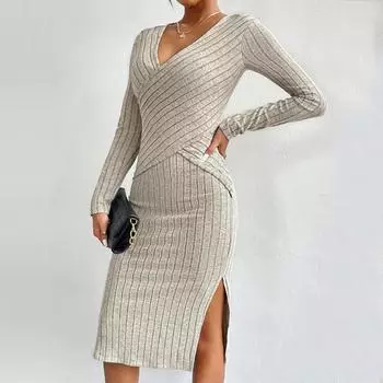 2025 весна осень однотонное длинное сексуальное платье макси с глубоким V-образным вырезом женское элегантное облегающее прямое трикотажное платье с боковыми разрезами одежда S