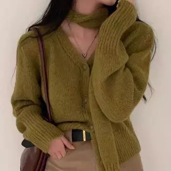2025 весна осень однотонный V-образный вырез длинный рукав вязаный свитер женский однобортный универсальный топ кардиган свитера с шарфом One Size