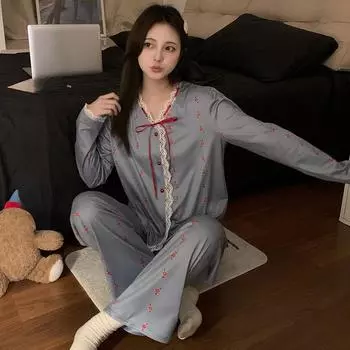 2025 весна осень пижамный комплект для женщин милый кружевной пэчворк цветочный принт длинный рукав топы и брюки пижамы женские повседневные свободные пижамы домашняя одежда M