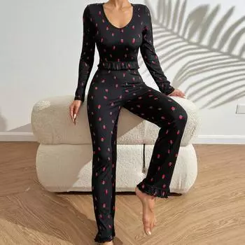 2025 весна осень пижамы комплект женский V-образный вырез пижамный комплект клубничный принт черный белый длинный рукав укороченный топ и брюки одежда для дома S чёрный