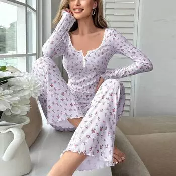2025 весна осень пижамы комплекты женские сексуальные кружевные V-образный вырез пижамы комплект цветочный принт длинные рукава пуловер и брюки одежда для отдыха наряд S светло-фиолетовый