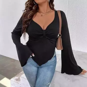 2025 весна осень расклешенная длинная рукава асимметричная женская блузка больших размеров облегающая футболка с V-образным вырезом повседневная простая черная рубашка топ женская одежда L чёрный