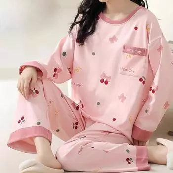 2025 весна осень розовый вишневый принт тонкий комплект пижамы с грудью пижамные комплекты длинный рукав элегантный женский пижамный комплект одежды для дома M