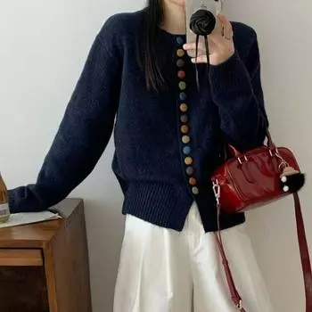 2025 весна осень трикотаж топ женский пуловер свитера модный цвет пуговицы круглый вырез длинный рукав повседневный однотонный вязаный свитер One Size
