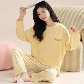 2025 весна осень желтая клетчатая тонкая пижама с грудью пижамные комплекты с длинным рукавом элегантная женская пижама для отдыха пижама Mujer M