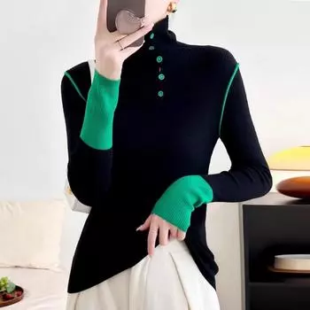 2025 весна осень Женщины Водолазка на пуговицах свитер Вязаный пуловер Цветные блоки Джемперы Базовые мягкие свитера Женщина One Size