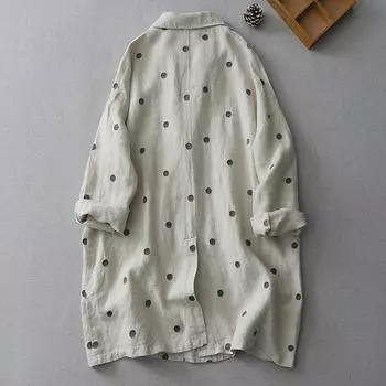 2025 весна-осень женская льняная куртка в горошек с длинными рукавами свободный костюм средней и длинной длины с тонким тренчем M