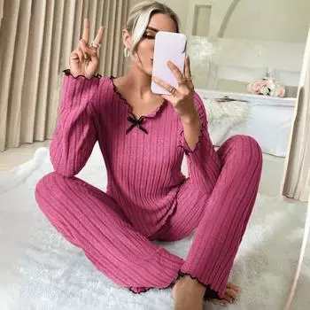 2025 весна осень женская одежда для сна ребристый пижамный комплект с длинным рукавом однотонный топ и длинные брюки комплект из 2 предметов повседневная домашняя одежда одежда для отдыха S