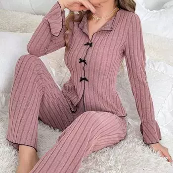 2025 весна осень женская одежда для сна ребристый пижамный комплект с длинными рукавами однотонный бант топы и длинные брюки комплект из 2 предметов повседневная домашняя одежда одежда для отдыха S