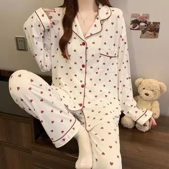 2025 весна осень женский пижамный комплект белый горошек пижама для женщин с длинным рукавом пижамы для отдыха молодая девушка домашняя одежда M