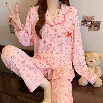 2025 весна осень женский пижамный комплект цветочный принт пижама для женщин с длинным рукавом розовая пижама для отдыха ночная рубашка для молодой девушки домашняя одежда M