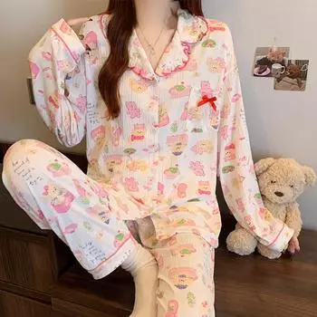 2025 весна осень женский пижамный комплект милый мультяшный принт медведя пижама для женщин с длинным рукавом пижамы для отдыха ночная рубашка для молодой девушки домашняя одежда M