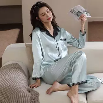 2025 весна осень женский пижамный комплект шелковое кружево сращивание длинный рукав пижамы для отдыха ночная одежда пижамы для женщин домашняя одежда M