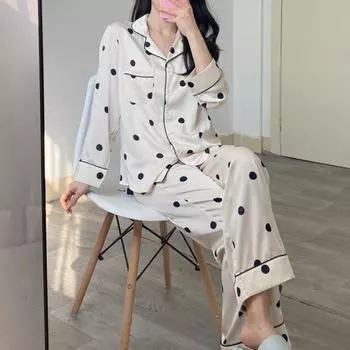 2025 весна осень женский пижамный комплект шелковый горошек с длинным рукавом пижамы для отдыха ночная одежда пижамы для женщин домашняя одежда M