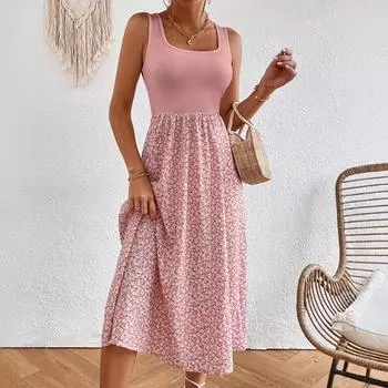 2025 весна осень женское трикотажное платье модное цветочное пэчворк облегающее платье с длинными рукавами милое А-силуэта сексуальное розовое платье-майка S