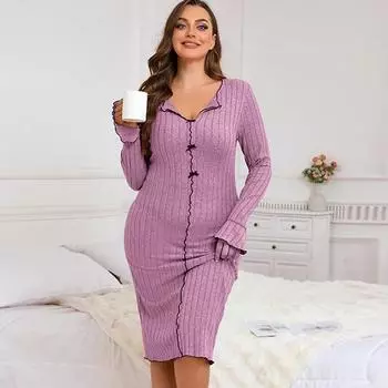 2025 весна плюс размер женская ночная рубашка сексуальная V-образный вырез женская пижама платье с длинным рукавом осенняя ночная рубашка сплошной бант домашняя одежда одежда L