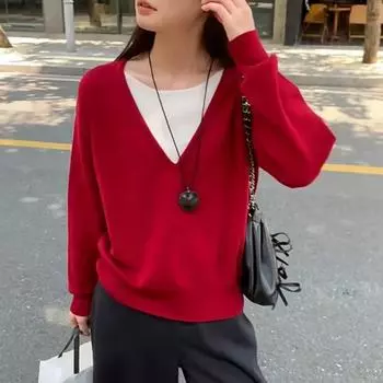 2025 весна повседневный свободный свитер с круглым вырезом и длинным рукавом блузка офисная женская осенняя мода элегантный однотонный женский поддельный вязаный свитер из двух частей one size серый