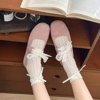2025 весна ретро кружева шнуровка квадратный нос балетки на низком каблуке натуральная кожа универсальный темперамент Мэри Джейн женские туфли 35 розовый