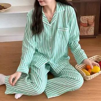 2025 весна зеленая полосатая тонкая хлопковая пижама комплекты женские длинные рукава и длинные брюки кардиган пижамы уютная пижама мягкая домашняя одежда M