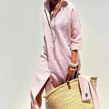 2025 весна женская мода новый полосатый кардиган с рукавом семь четвертей платье с воротником-рубашкой S розовый