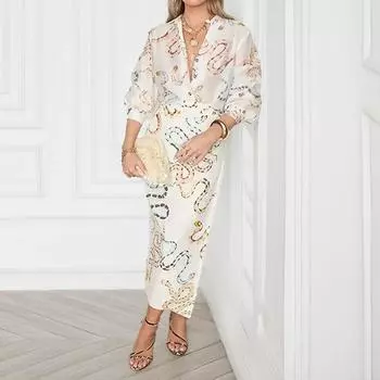 2025 весна женская одежда костюм новый темперамент широкий сексуальный свободный принт V-образный вырез разрез модный костюм S