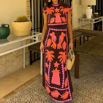 2025 весна женская одежда костюм принт темперамент круглый вырез разрез талия мода повседневный костюм S