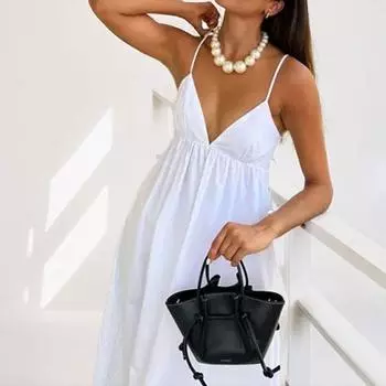 2025 весна женская одежда новый темперамент сексуальный V-образный вырез халтер подтяжки юбка большой качели труба топ платье S белый