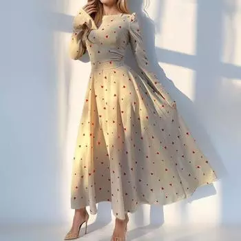 2025 весна женская одежда ретро темперамент горошек круглый вырез горошек большой маятник талия платье S чёрный