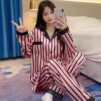 2025 весна женская пижама комплект шелковая полосатая розовая с длинным рукавом пижама для отдыха ночная одежда пижама для женщин домашняя одежда M