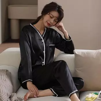 2025 весна женская пижама комплект шелковый V-образный вырез однотонный длинный рукав пижамы для отдыха ночная одежда пижамы для женщин домашняя одежда M