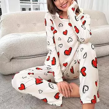 2025 весна женская пижама с принтом сердца длинный рукав топ и штаны пижамы 2 предмета мягкая белая черная домашняя одежда пижамные комплекты домашний костюм S