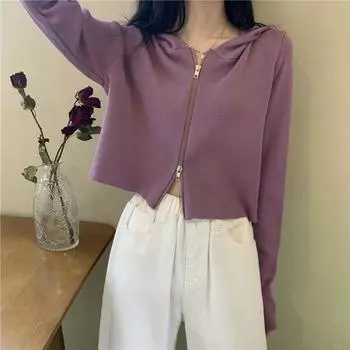 2025 весна женский кардиган куртка корейский свободный однотонный повседневный молния короткое пальто женский топы Y2K модный вязаный женский свитер с капюшоном One size чёрный