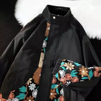2025 винтажные куртки с цветочной вышивкой, лоскутные куртки, мужские черные куртки, мужские повседневные пальто с отложным воротником, весеннее свободное пальто в стиле хип-хоп для мужчин 2XL чёрный