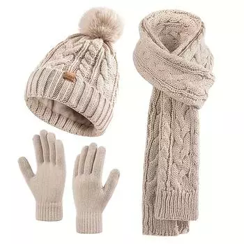 2025 Winter Beanie Hat Scarf Gloves Set for Women, Pom Pom Fleece Lined Hat Long Scarf Neck Warmer Touchscreen Gloves for Cold Weather