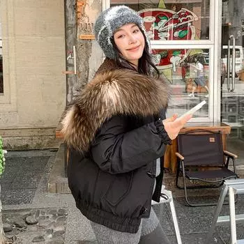 2025 winter big fur collar hooded warm cotton jacket women s new design sense thickened simple padded jacket S