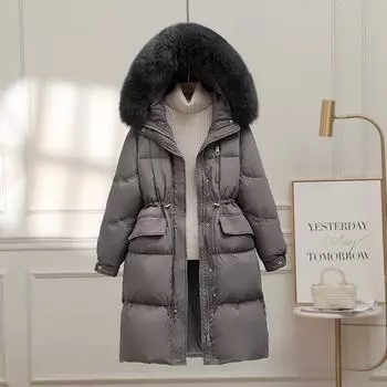 2025 Winter Down Jacket Women s Medium and Long Fashion Waist Skinny Thickened White Duck Down True Fur Collar Jacket S