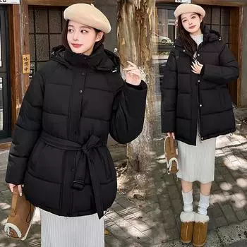 2025 Winter New Cotton Puffer Jacket with Hood, Loose Fit, Versatile Hooded Cotton Coat, Stylish Belted Outerwear M