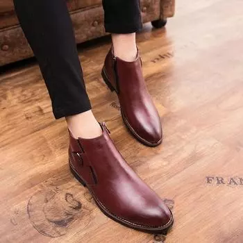2025 winter new foreign trade men s leather boots, fashionable high-top pointed leather shoes Martin boots 38 чёрный