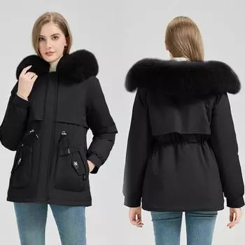 2025 winter new hooded cotton jacket padded clothes foreign style versatile simple detachable fur collar jacket M
