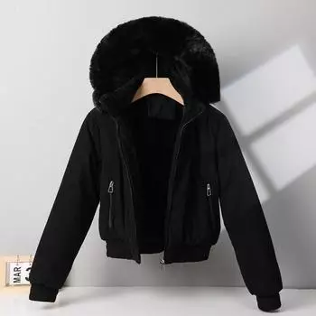 2025 winter new large fur collar fleece cotton jacket women s Korean version slim small with thickened hooded jacket M