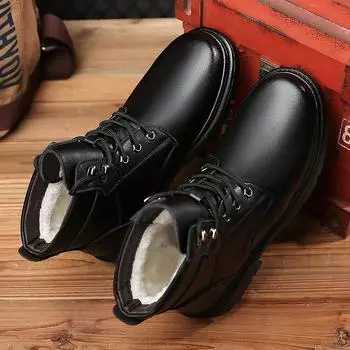 2025 winter new men s lace-up Martin boots men s velvet warm cotton leather boots large cotton shoes non-slip and wear-resistant 575 38 чёрный