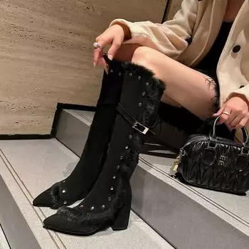 2025 winter new thick heel high boots women s small fashion velvet high heel but knee boots 35 абрикосовый