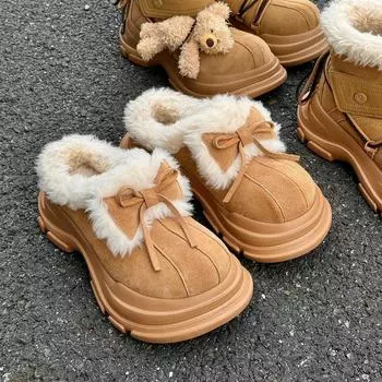 2025 winter new thick-soled cute bow snow boots women s thickened fur integrated versatile niche Northeast cotton 35