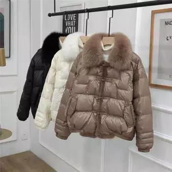 2025 Winter Real Fox Hair Short Down Jacket Women s Retro Buckle Mink Hair Splicing White Duck Down Warm Jacket M 90 - 57.5 kg