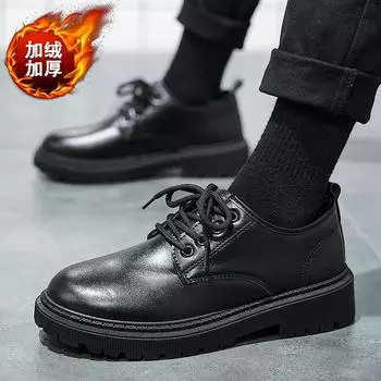 2025 winter velvet cotton shoes men s casual leather shoes big head shoes British tooling shoes black shallow mouth trendy men s shoes 39
