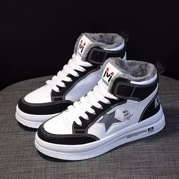 2025 winter velvet sports women s shoes, student high-top warm cotton shoes, versatile casual cotton women s board shoes 35 коричневый