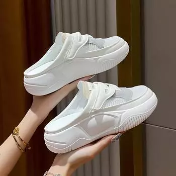 2025 Women Baotou Mesh Casual Shoes Summer Lazy Slippers Fashion Breathable Soft-soled Round-toe White Sandals Zapatos De Mujer 35