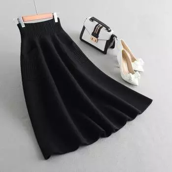 2025 Women Fall Winter Skirt Knitted Elastic High Waist Thick Soft Warm Stretchy Solid Color Loose Big Swing S